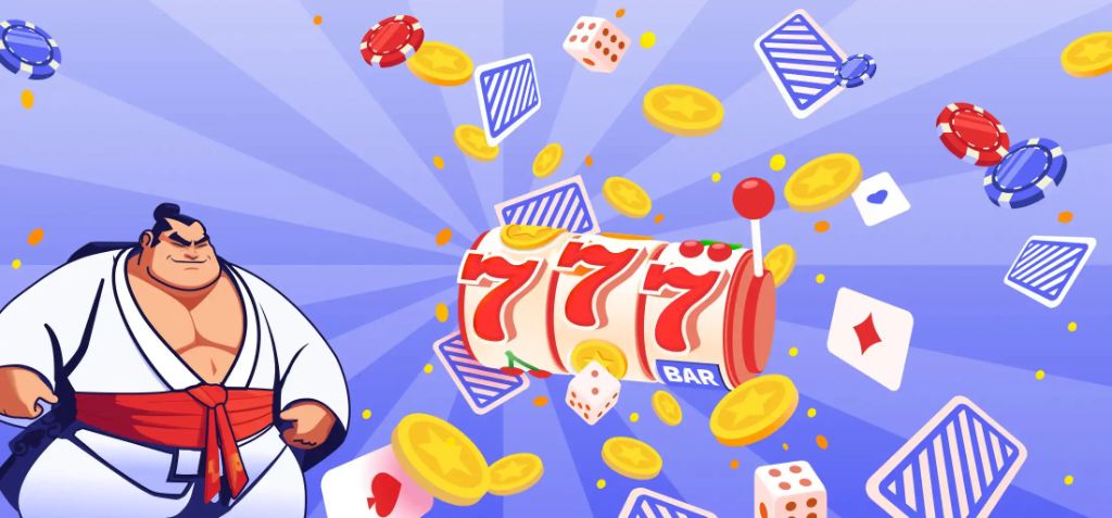 Bannière promotionnelle Banzai Casino avec mascotte sumo et machine à sous jackpot 777